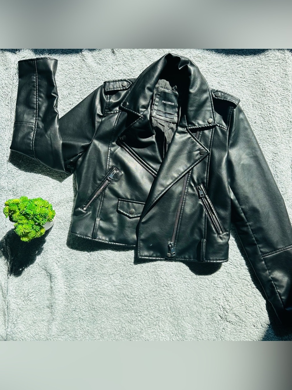 🖤 Y2K Baddie Cropped Moto Jacket Faux Leather Biker Grunge Cool Girl Size L